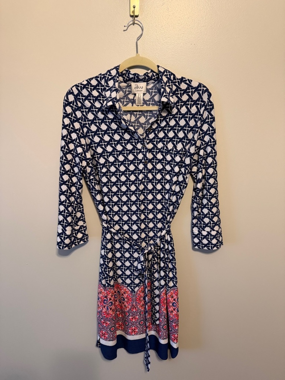 DM Collection Pink and Navy Patterned 3/4 Sleeve Shirt Dress